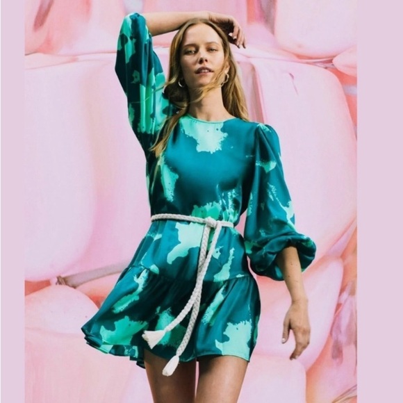 ALEXIS x Target Green Puff Sleeve Rope Belt Mini Dress Sz XS - Picture 1 of 12